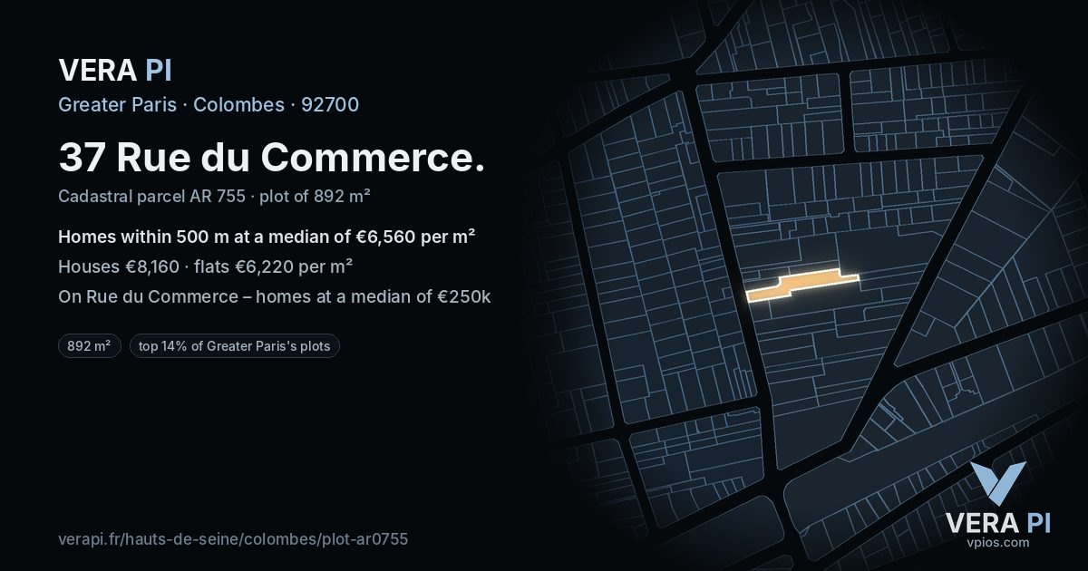 37 Rue du Commerce, Colombes at night – the plot lit, the parcels around coloured by the prices near them