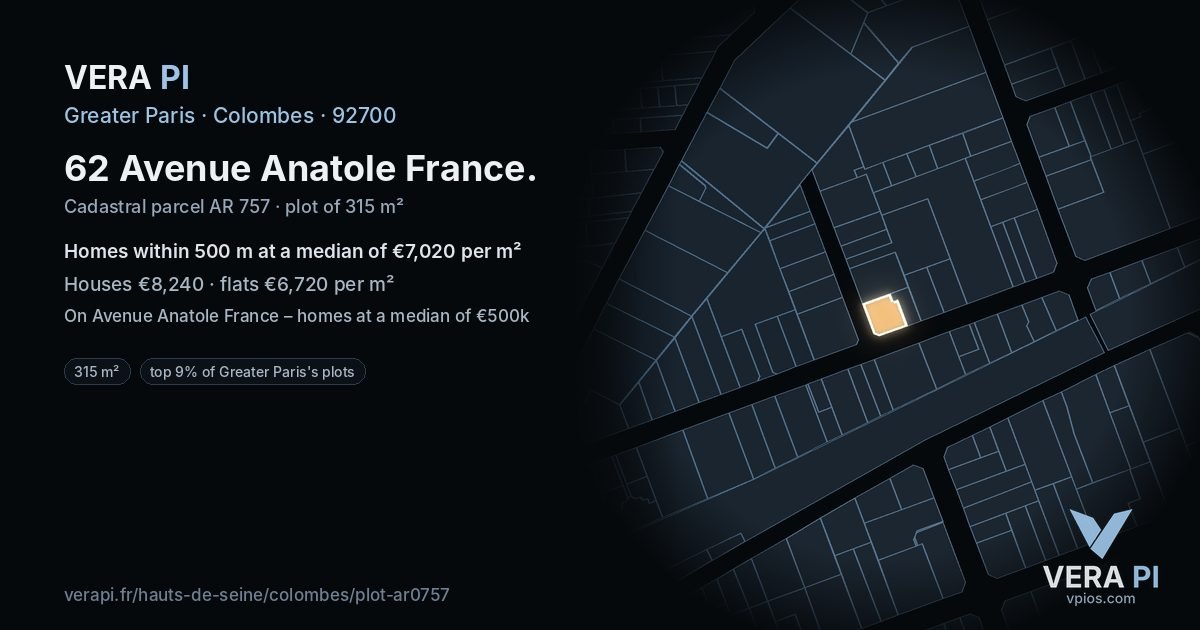 62 Avenue Anatole France, Colombes at night – the plot lit, the parcels around coloured by the prices near them