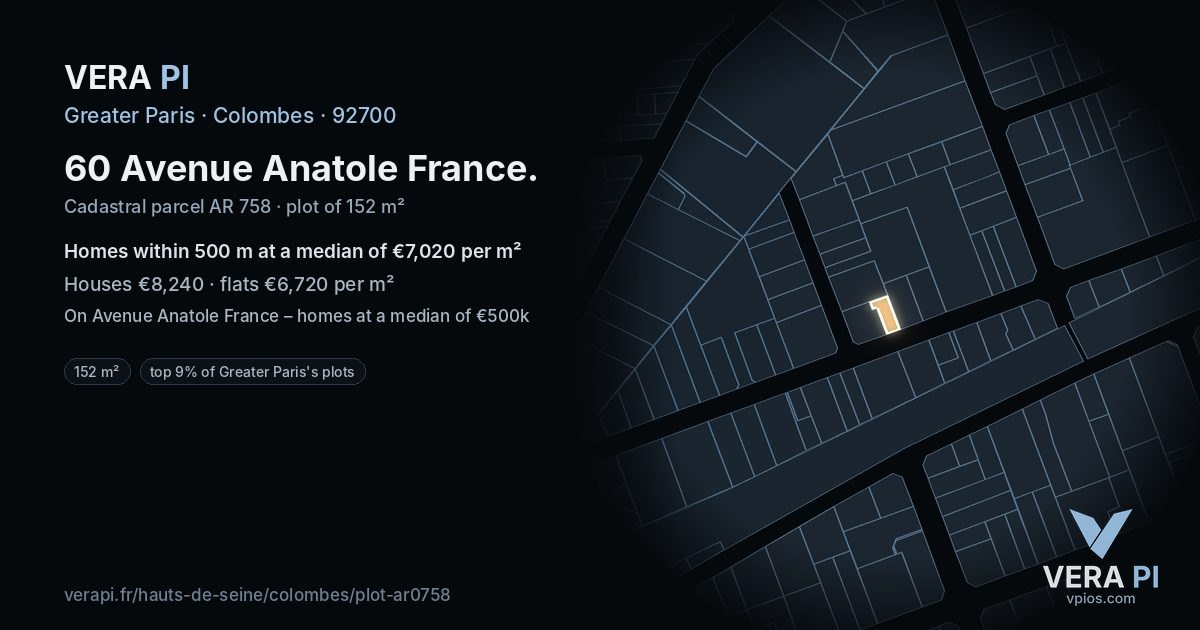 60 Avenue Anatole France, Colombes at night – the plot lit, the parcels around coloured by the prices near them