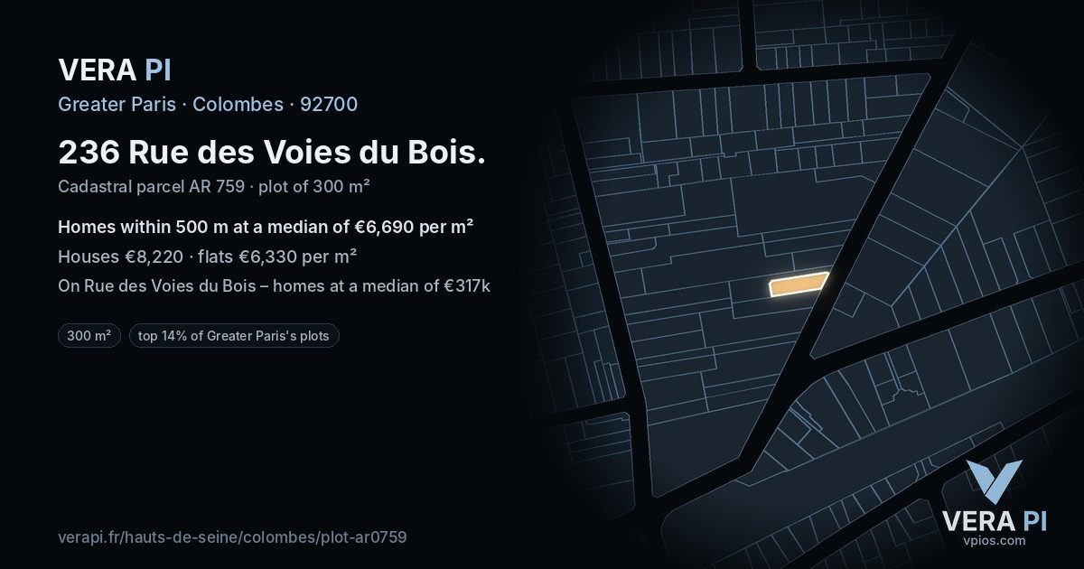 236 Rue des Voies du Bois, Colombes at night – the plot lit, the parcels around coloured by the prices near them