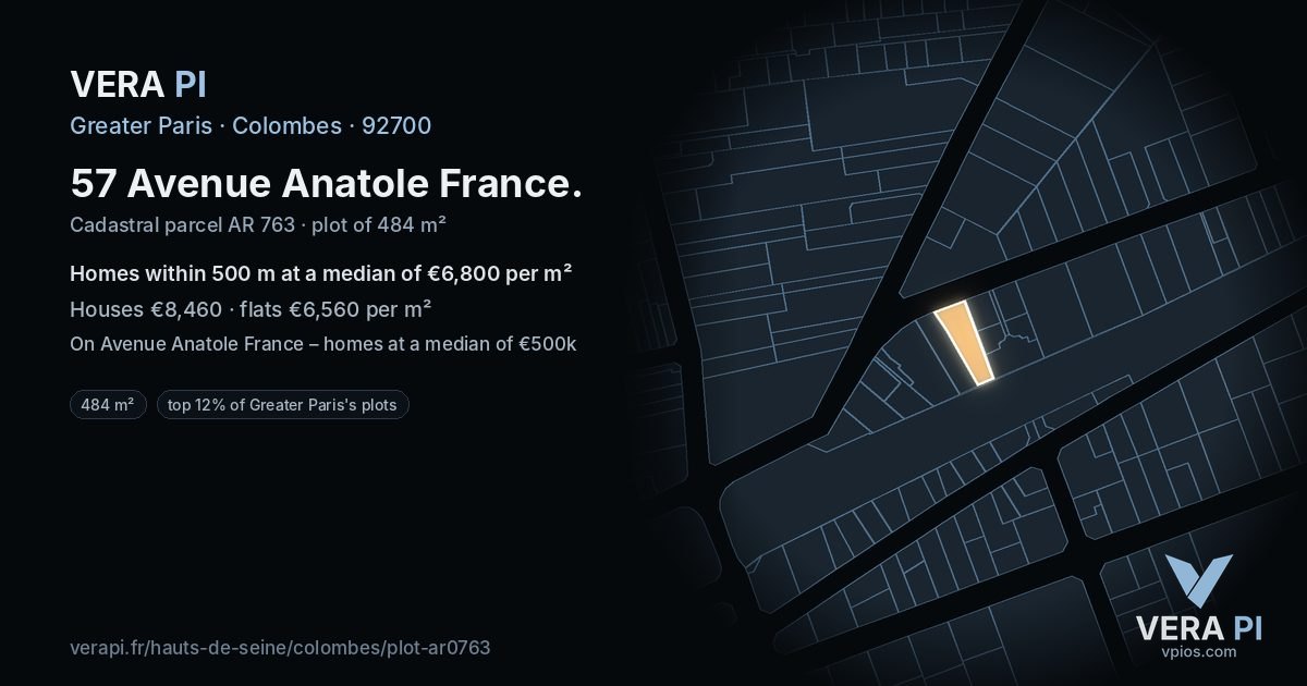 57 Avenue Anatole France, Colombes at night – the plot lit, the parcels around coloured by the prices near them