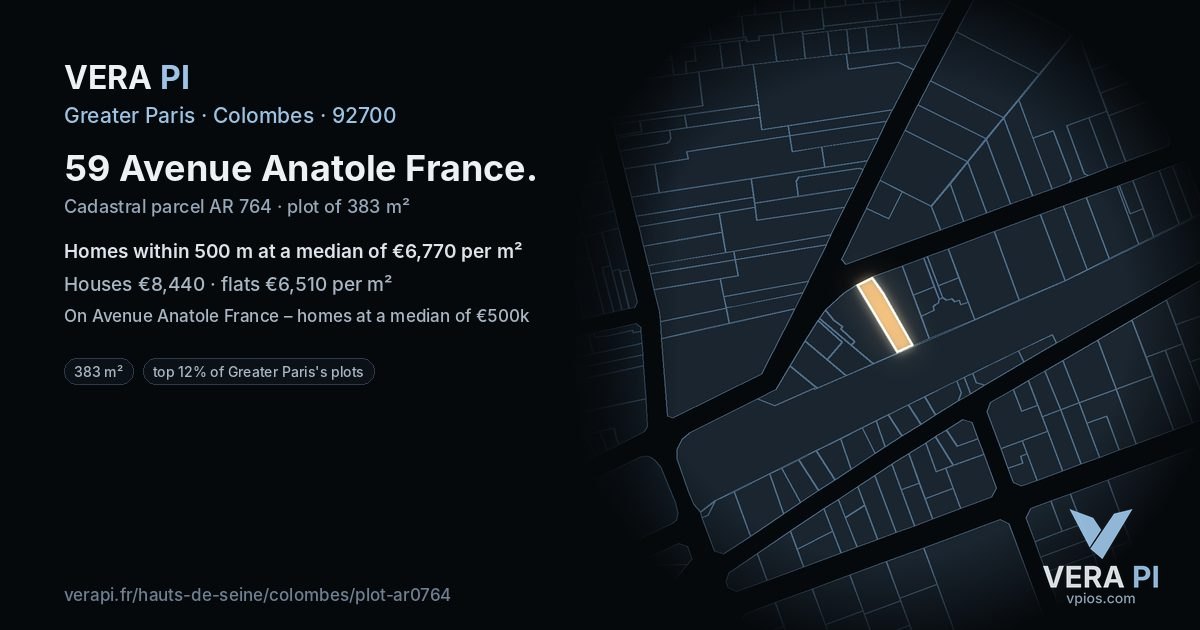 59 Avenue Anatole France, Colombes at night – the plot lit, the parcels around coloured by the prices near them