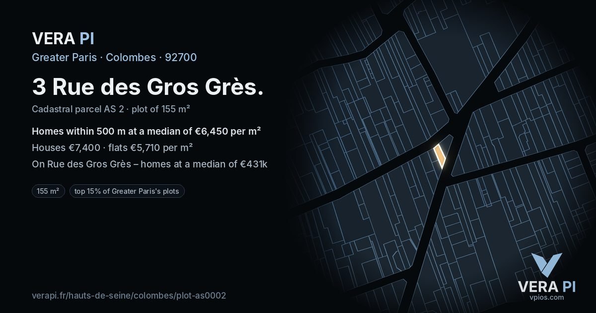 3 Rue des Gros Grès, Colombes at night – the plot lit, the parcels around coloured by the prices near them