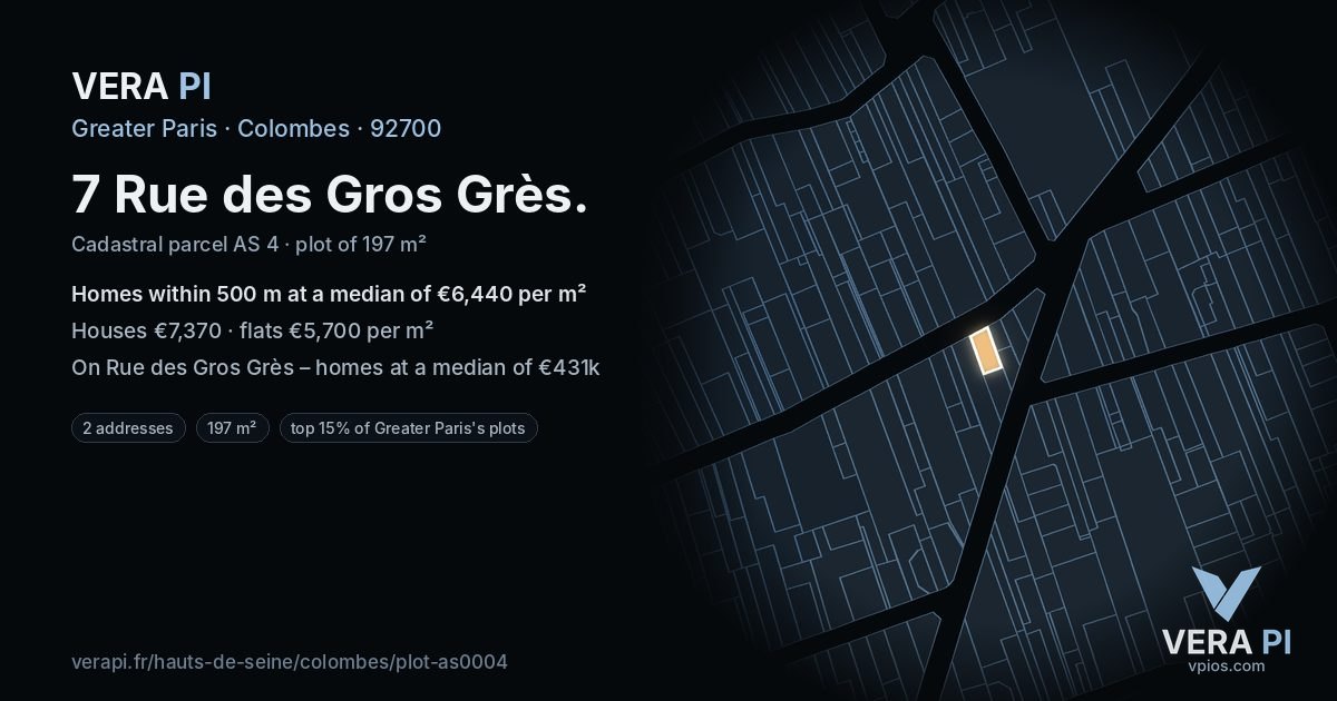 7 Rue des Gros Grès, Colombes at night – the plot lit, the parcels around coloured by the prices near them