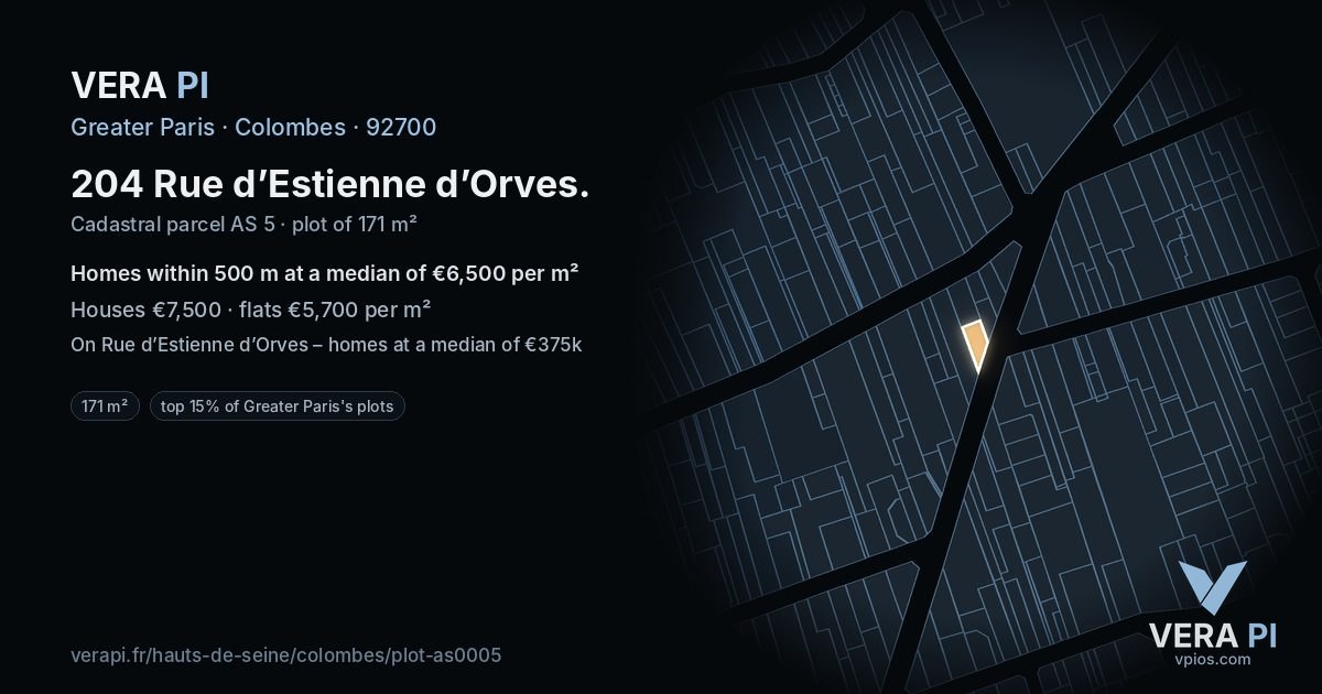 204 Rue d’Estienne d’Orves, Colombes at night – the plot lit, the parcels around coloured by the prices near them