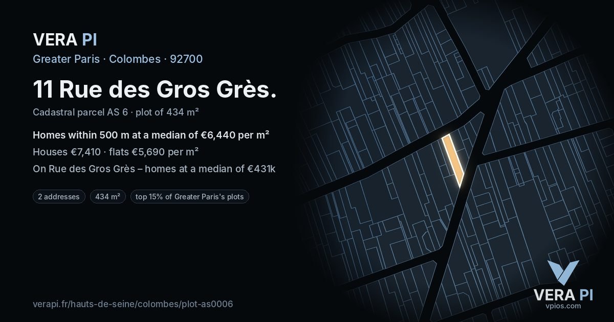11 Rue des Gros Grès, Colombes at night – the plot lit, the parcels around coloured by the prices near them