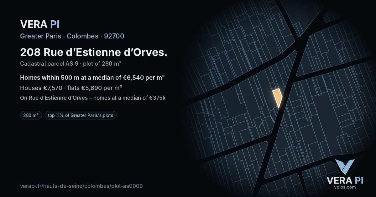 208 Rue d’Estienne d’Orves, Colombes at night – the plot lit, the parcels around coloured by the prices near them