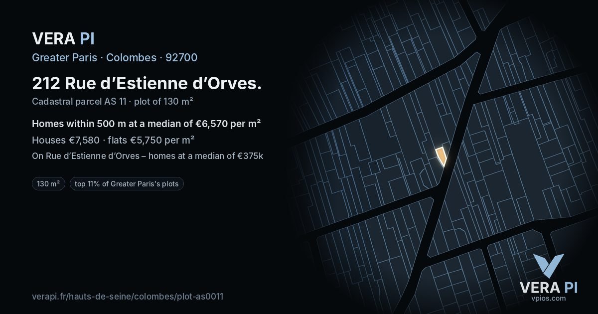212 Rue d’Estienne d’Orves, Colombes at night – the plot lit, the parcels around coloured by the prices near them