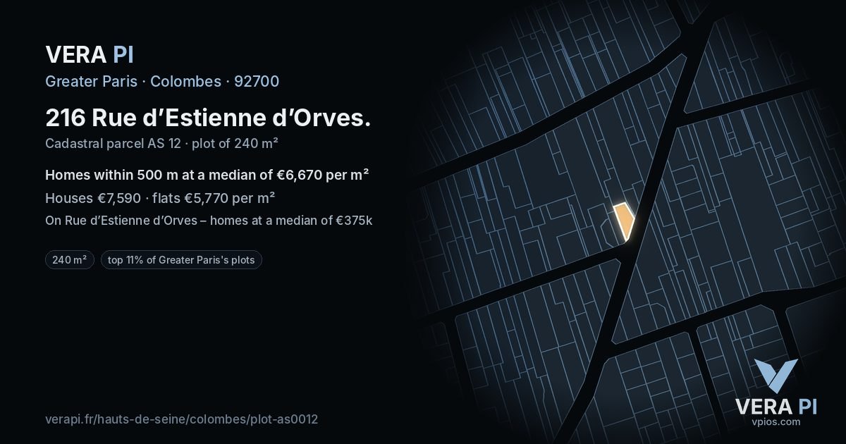 216 Rue d’Estienne d’Orves, Colombes at night – the plot lit, the parcels around coloured by the prices near them