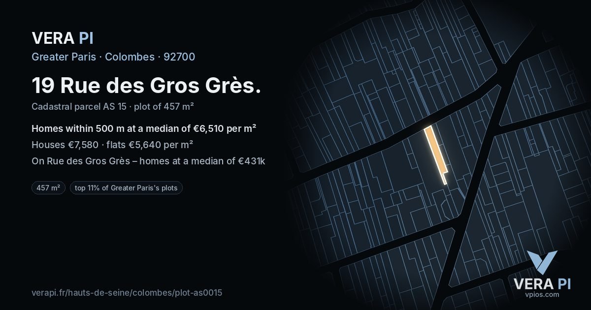 19 Rue des Gros Grès, Colombes at night – the plot lit, the parcels around coloured by the prices near them
