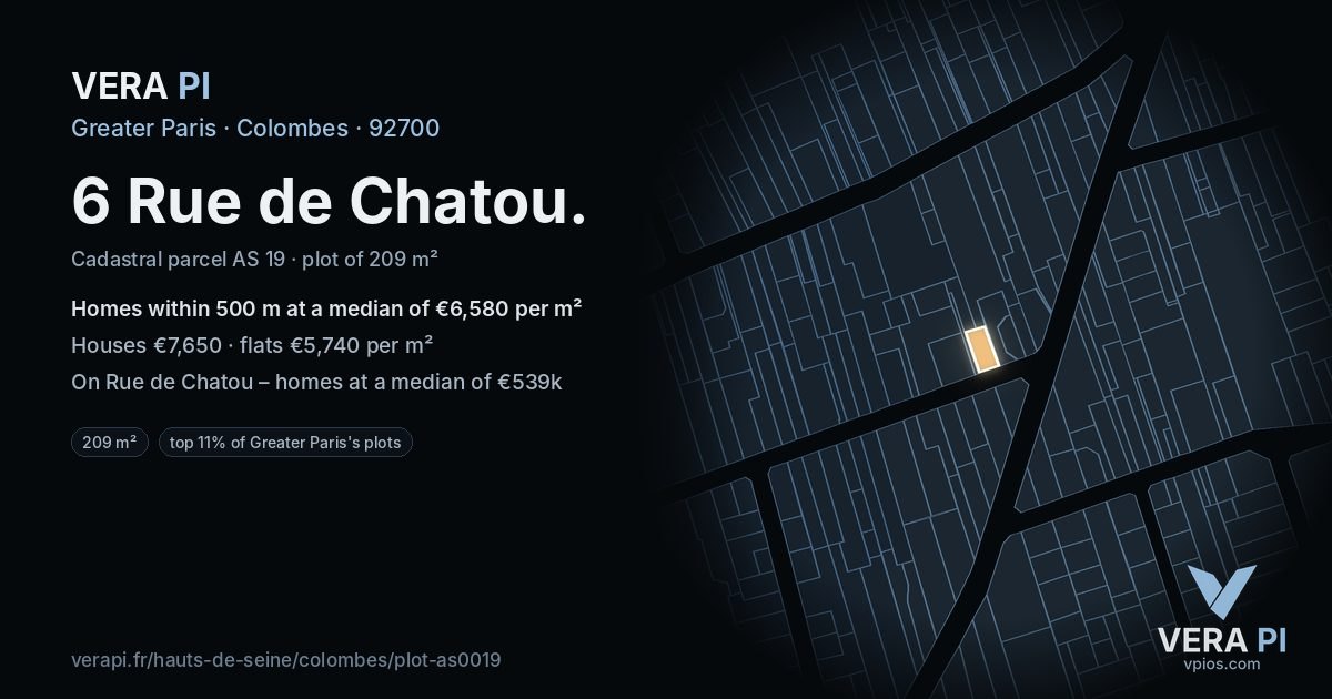 6 Rue de Chatou, Colombes at night – the plot lit, the parcels around coloured by the prices near them