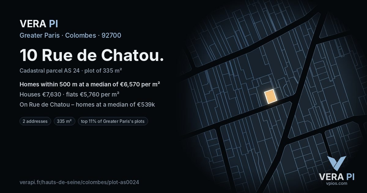 10 Rue de Chatou, Colombes at night – the plot lit, the parcels around coloured by the prices near them