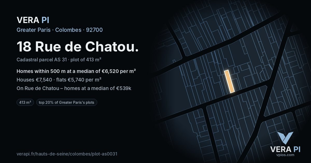 18 Rue de Chatou, Colombes at night – the plot lit, the parcels around coloured by the prices near them