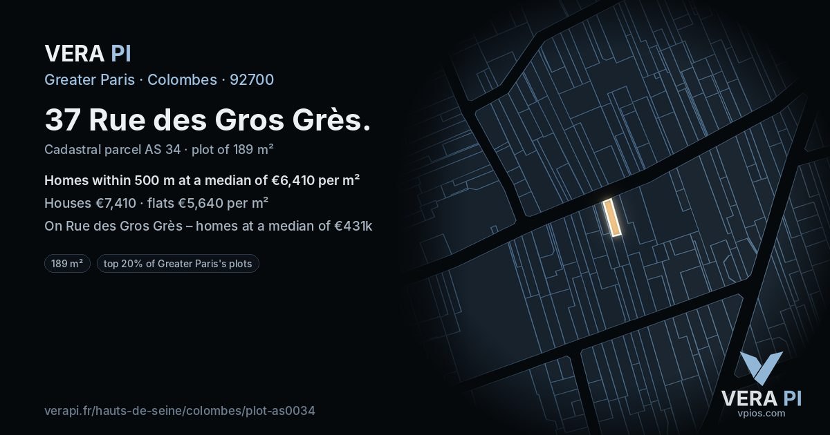 37 Rue des Gros Grès, Colombes at night – the plot lit, the parcels around coloured by the prices near them