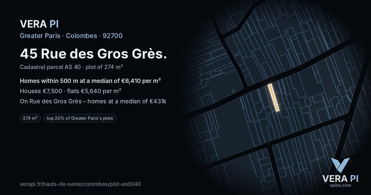 45 Rue des Gros Grès, Colombes at night – the plot lit, the parcels around coloured by the prices near them