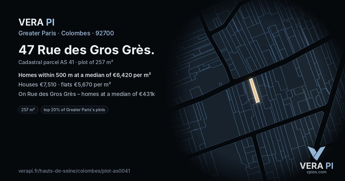 47 Rue des Gros Grès, Colombes at night – the plot lit, the parcels around coloured by the prices near them