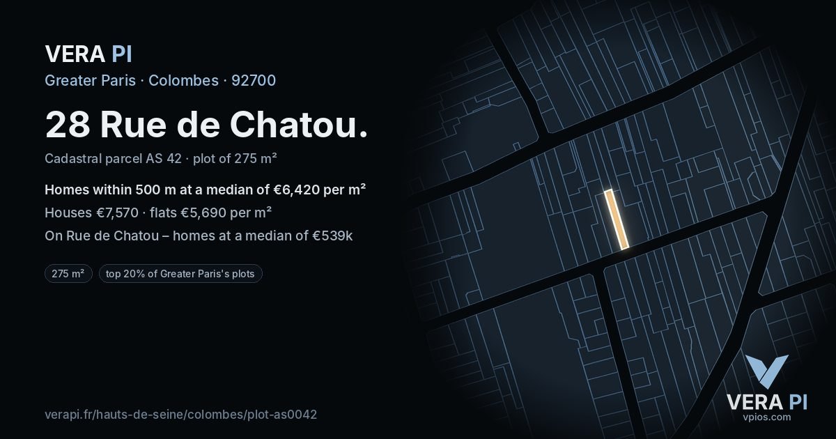 28 Rue de Chatou, Colombes at night – the plot lit, the parcels around coloured by the prices near them