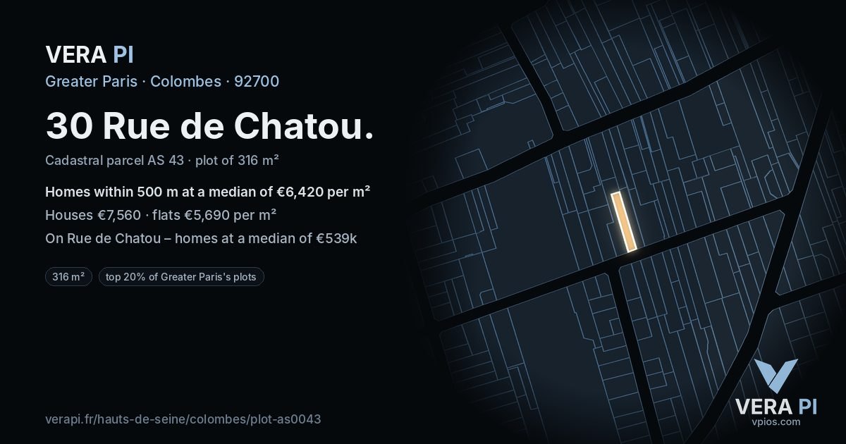 30 Rue de Chatou, Colombes at night – the plot lit, the parcels around coloured by the prices near them