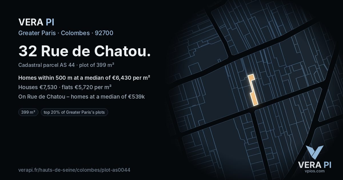 32 Rue de Chatou, Colombes at night – the plot lit, the parcels around coloured by the prices near them