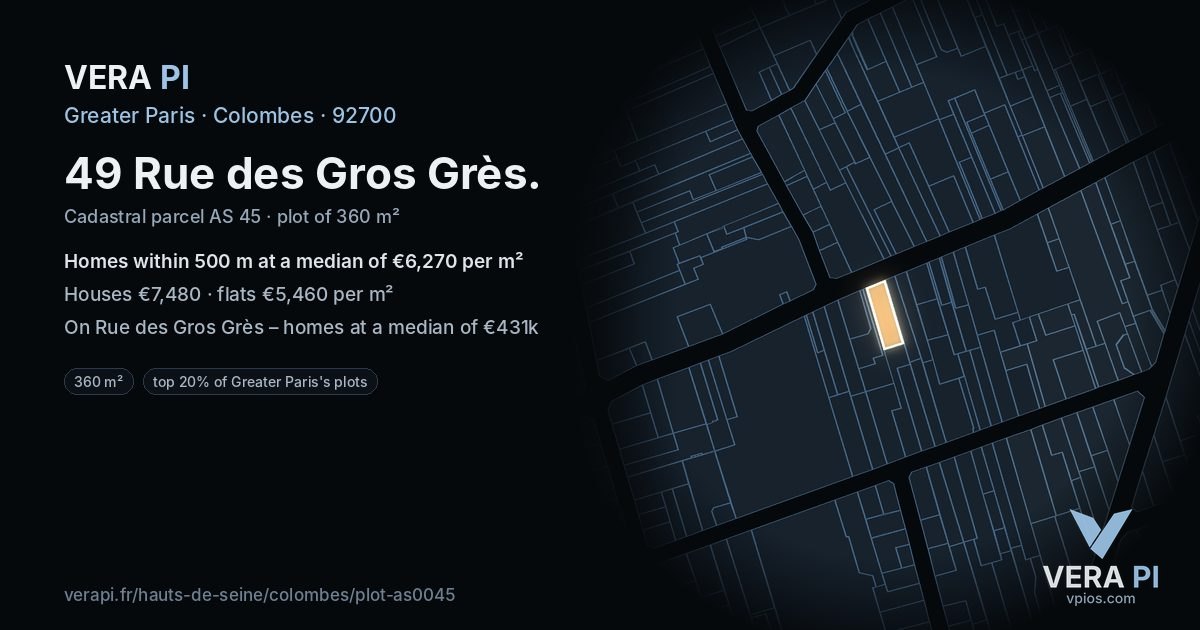 49 Rue des Gros Grès, Colombes at night – the plot lit, the parcels around coloured by the prices near them