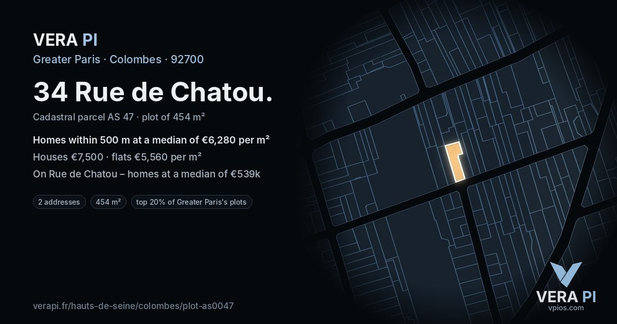 34 Rue de Chatou, Colombes at night – the plot lit, the parcels around coloured by the prices near them