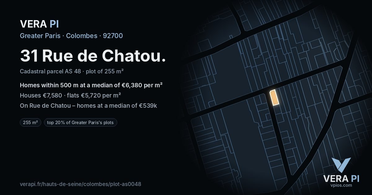 31 Rue de Chatou, Colombes at night – the plot lit, the parcels around coloured by the prices near them