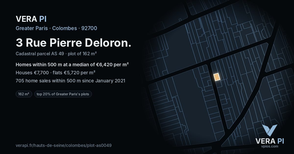 3 Rue Pierre Deloron, Colombes at night – the plot lit, the parcels around coloured by the prices near them