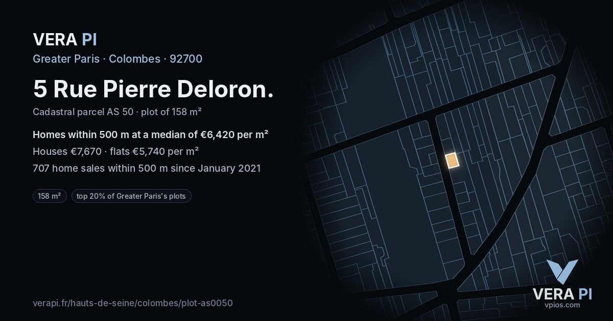 5 Rue Pierre Deloron, Colombes at night – the plot lit, the parcels around coloured by the prices near them