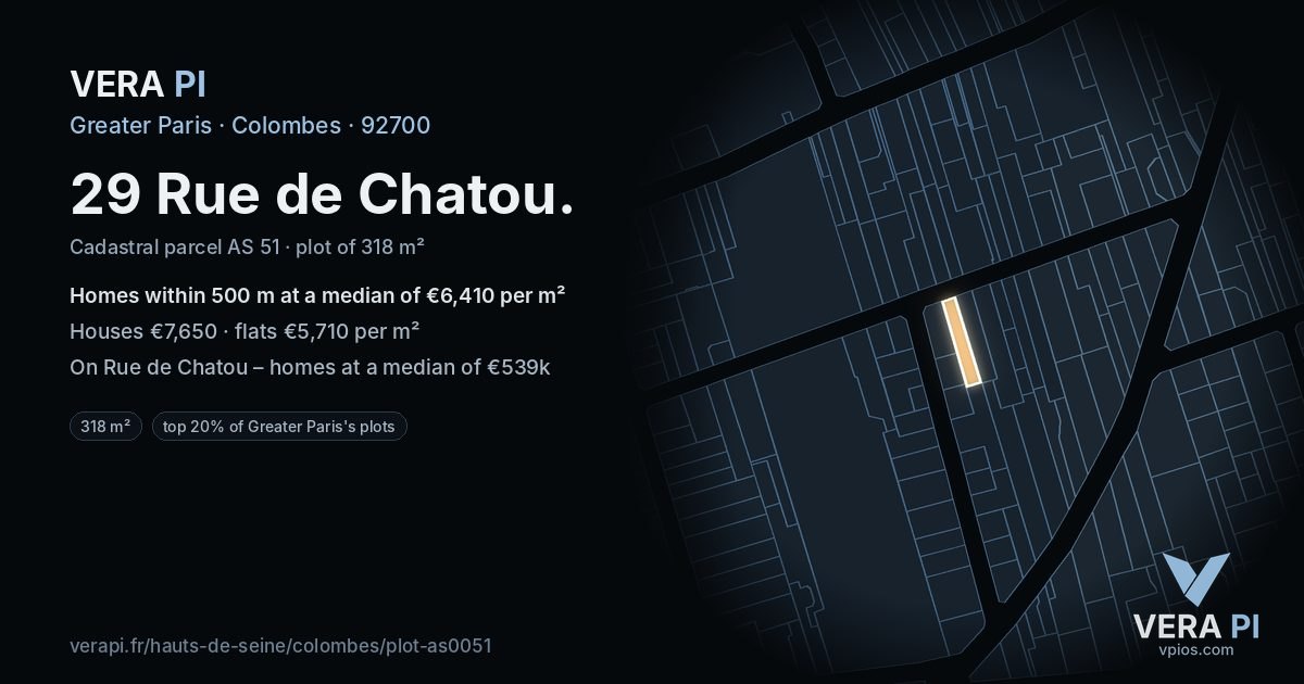 29 Rue de Chatou, Colombes at night – the plot lit, the parcels around coloured by the prices near them