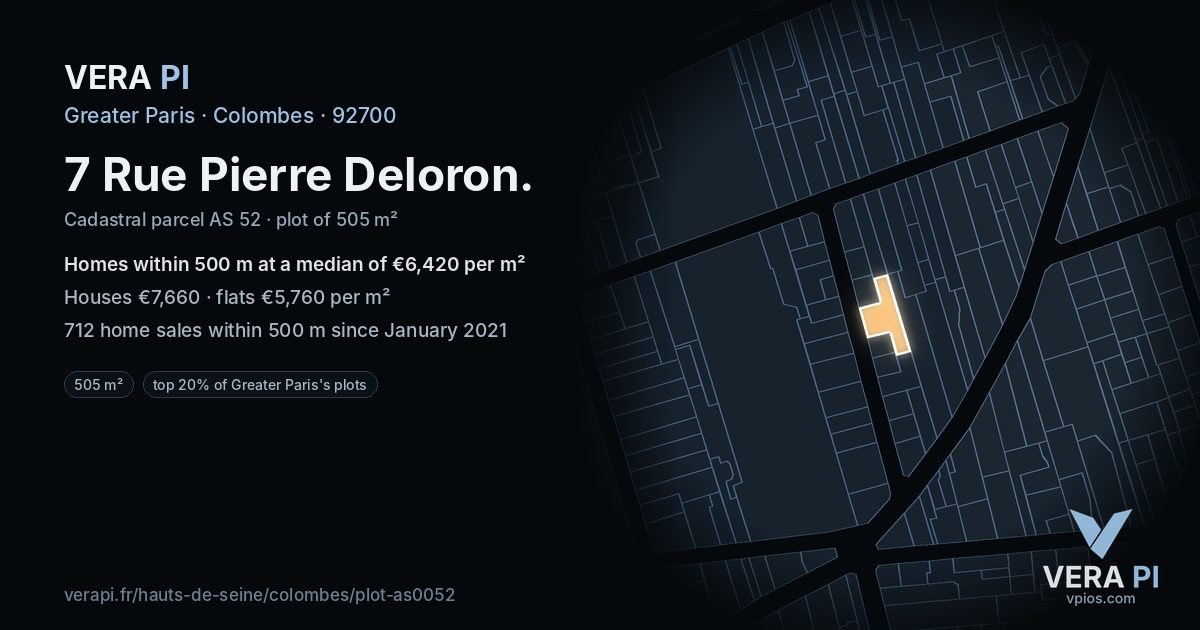 7 Rue Pierre Deloron, Colombes at night – the plot lit, the parcels around coloured by the prices near them