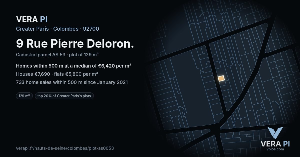 9 Rue Pierre Deloron, Colombes at night – the plot lit, the parcels around coloured by the prices near them
