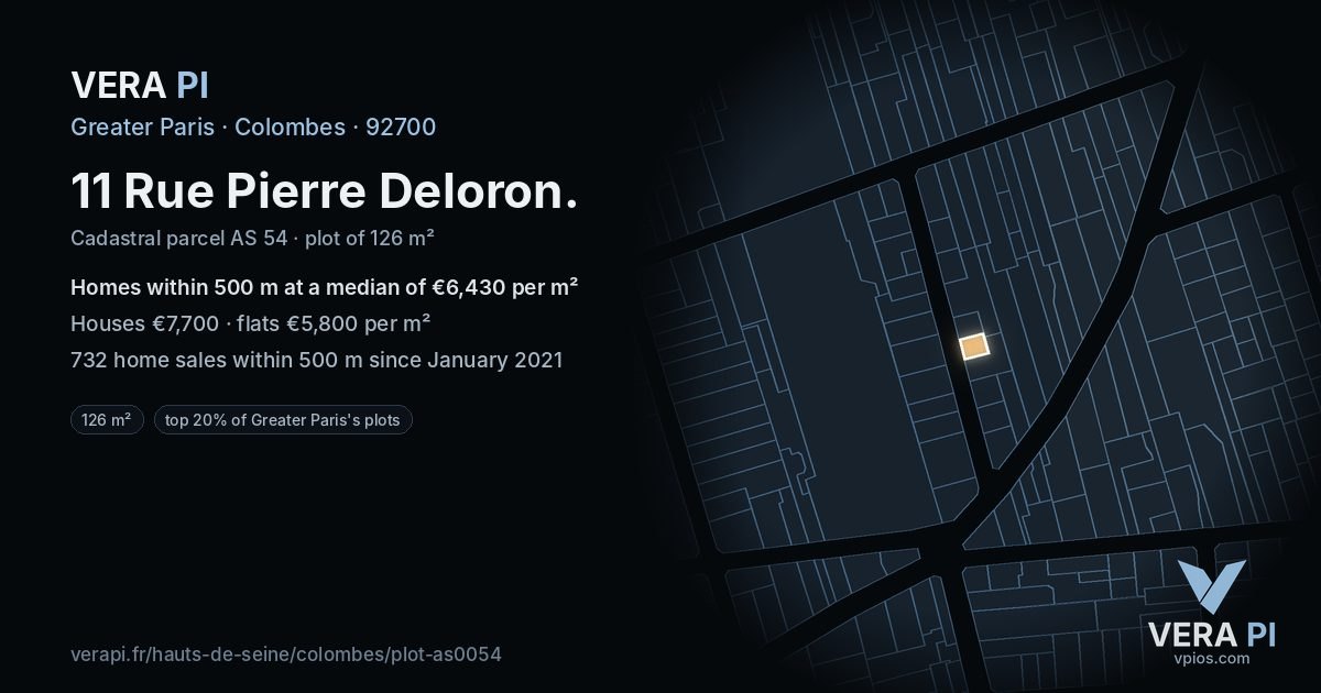 11 Rue Pierre Deloron, Colombes at night – the plot lit, the parcels around coloured by the prices near them