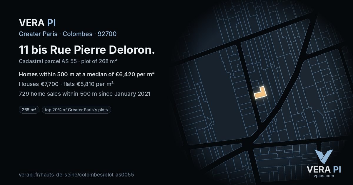 11 bis Rue Pierre Deloron, Colombes at night – the plot lit, the parcels around coloured by the prices near them