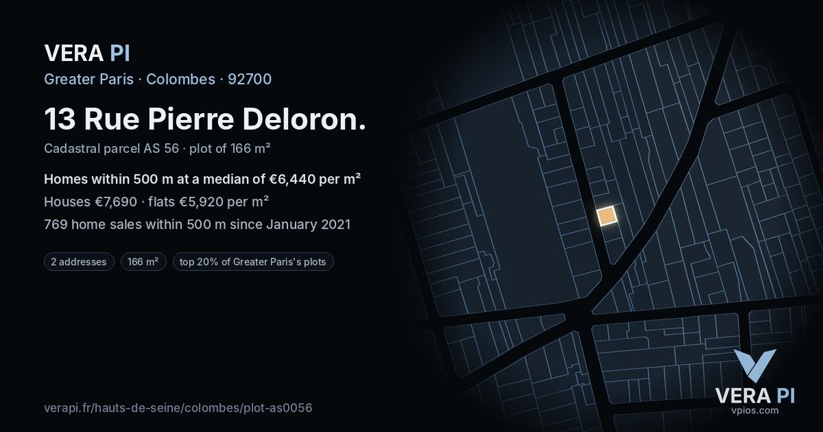 13 Rue Pierre Deloron, Colombes at night – the plot lit, the parcels around coloured by the prices near them