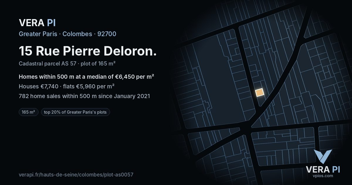 15 Rue Pierre Deloron, Colombes at night – the plot lit, the parcels around coloured by the prices near them