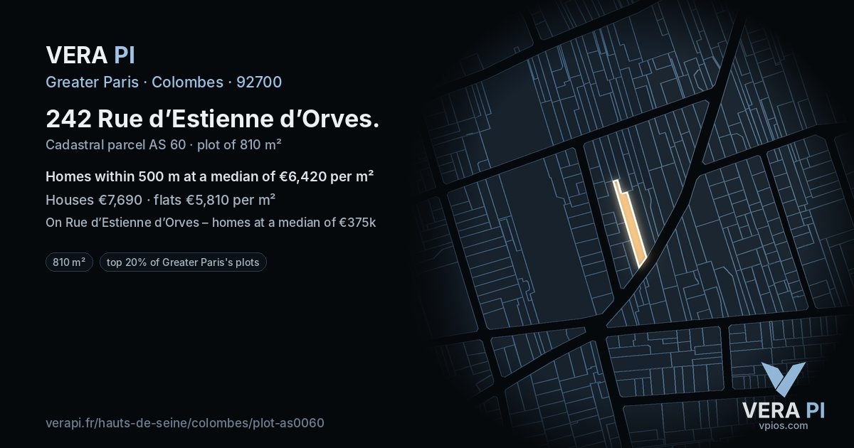242 Rue d’Estienne d’Orves, Colombes at night – the plot lit, the parcels around coloured by the prices near them