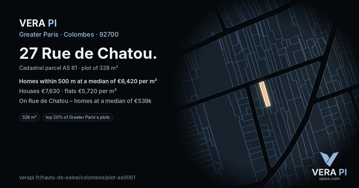 27 Rue de Chatou, Colombes at night – the plot lit, the parcels around coloured by the prices near them