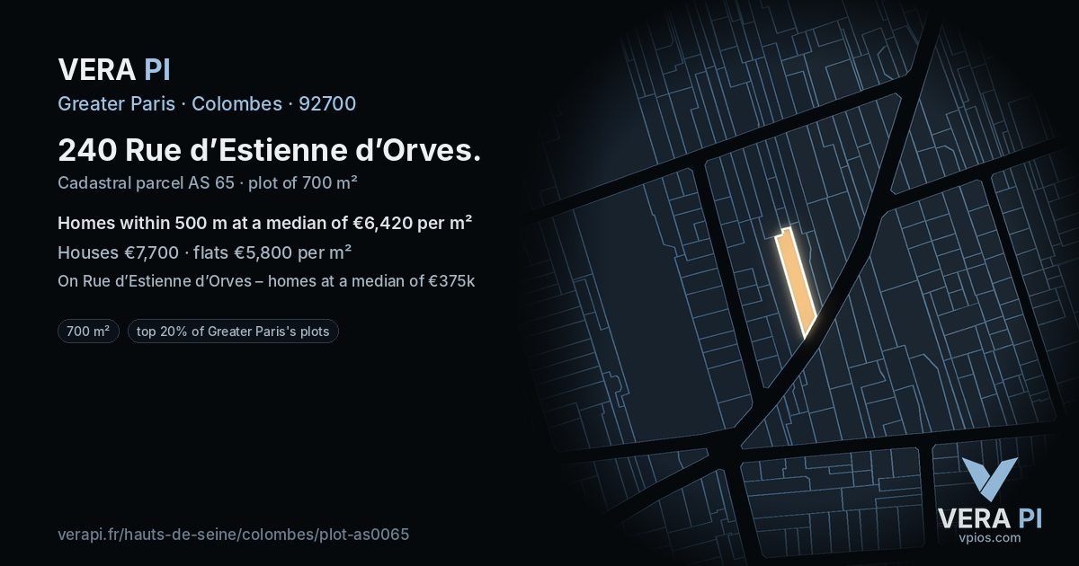 240 Rue d’Estienne d’Orves, Colombes at night – the plot lit, the parcels around coloured by the prices near them