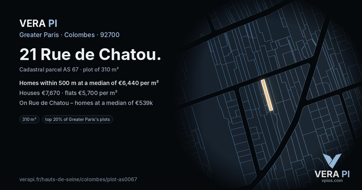 21 Rue de Chatou, Colombes at night – the plot lit, the parcels around coloured by the prices near them