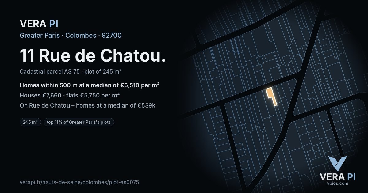 11 Rue de Chatou, Colombes at night – the plot lit, the parcels around coloured by the prices near them