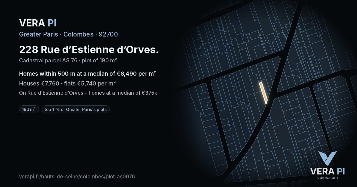 228 Rue d’Estienne d’Orves, Colombes at night – the plot lit, the parcels around coloured by the prices near them