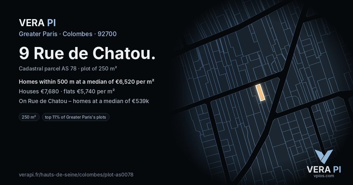 9 Rue de Chatou, Colombes at night – the plot lit, the parcels around coloured by the prices near them