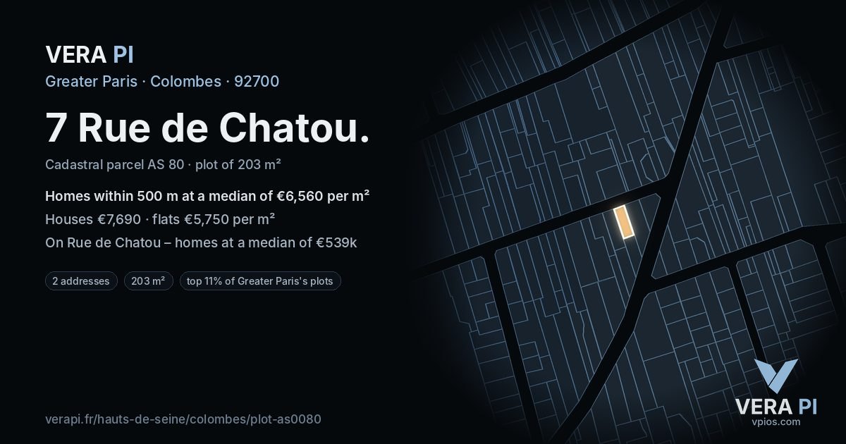 7 Rue de Chatou, Colombes at night – the plot lit, the parcels around coloured by the prices near them