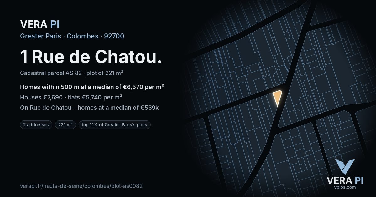 1 Rue de Chatou, Colombes at night – the plot lit, the parcels around coloured by the prices near them