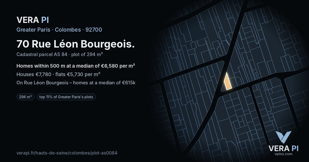 70 Rue Léon Bourgeois, Colombes at night – the plot lit, the parcels around coloured by the prices near them