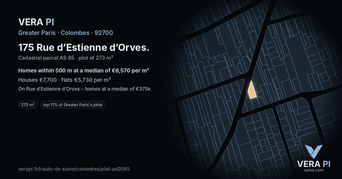 175 Rue d’Estienne d’Orves, Colombes at night – the plot lit, the parcels around coloured by the prices near them