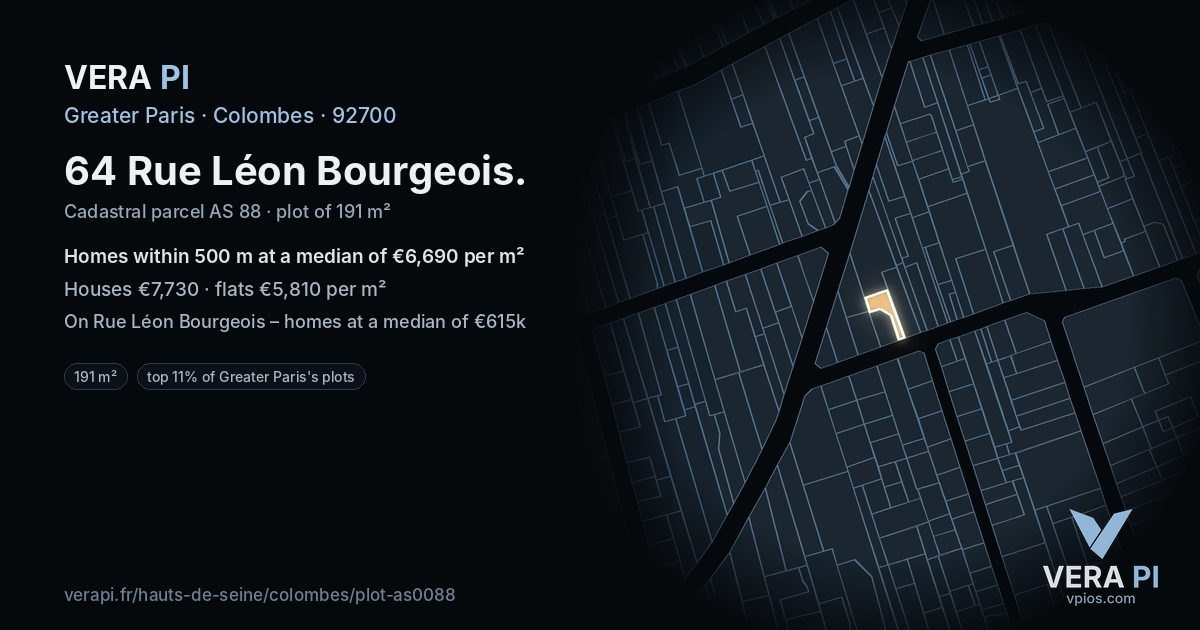 64 Rue Léon Bourgeois, Colombes at night – the plot lit, the parcels around coloured by the prices near them