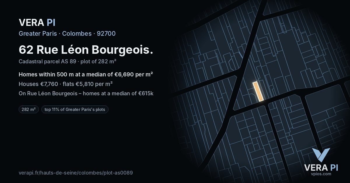 62 Rue Léon Bourgeois, Colombes at night – the plot lit, the parcels around coloured by the prices near them