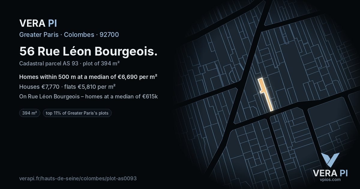 56 Rue Léon Bourgeois, Colombes at night – the plot lit, the parcels around coloured by the prices near them