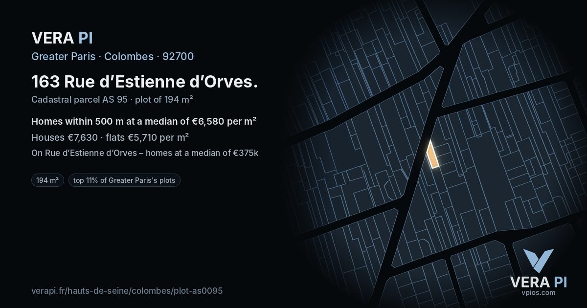 163 Rue d’Estienne d’Orves, Colombes at night – the plot lit, the parcels around coloured by the prices near them